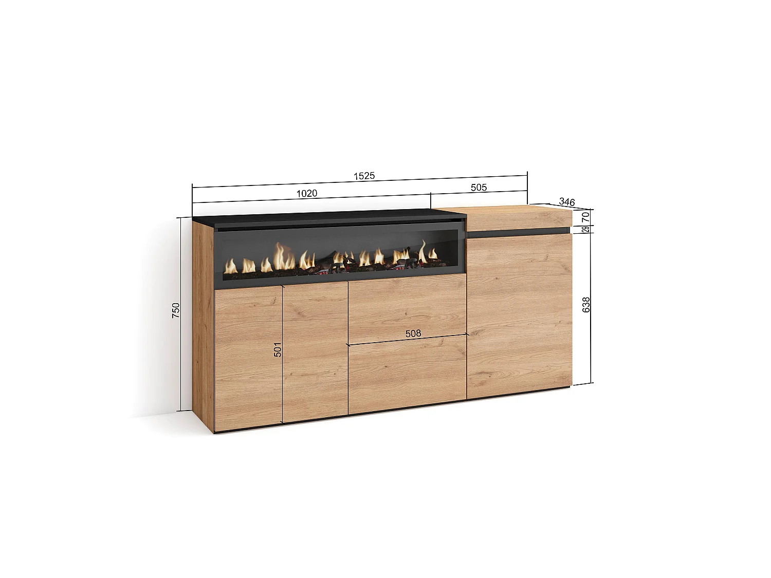 Aparador sala de jantar, 150x35x75cm, 3 Portas, Lareira eléctrica, Carvahlo e preto