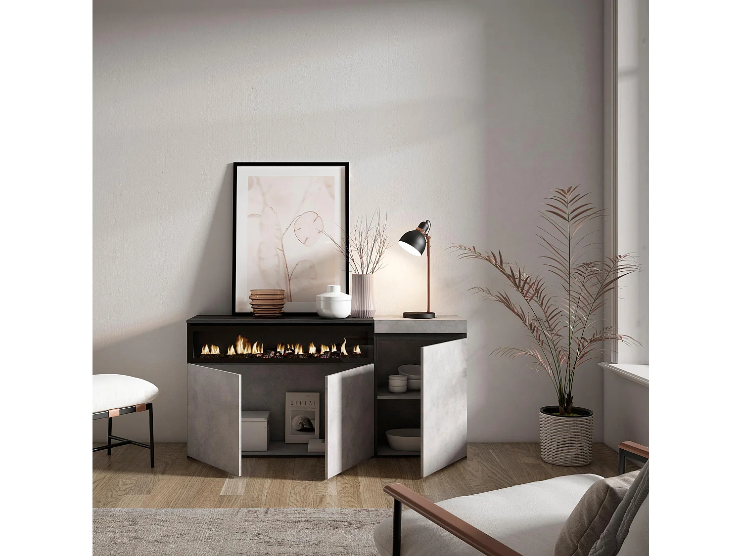 Buffet salon et cuisine, 150x35x75cm, 3 Portes, Cheminée électrique, Ciment