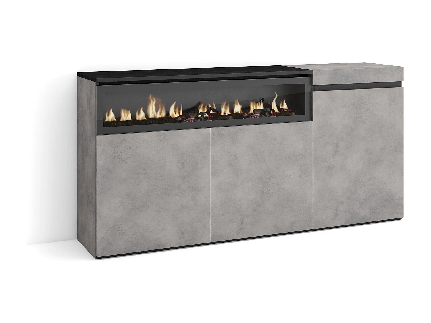 Dressoir, Opbergkast, 150x35x75cm, 3 Deuren, Elektrische haard, Cement