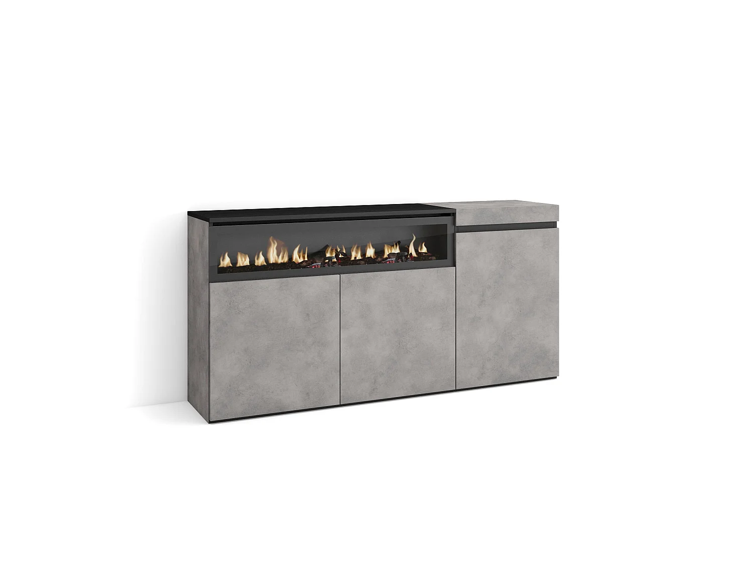 Dressoir, Opbergkast, 150x35x75cm, 3 Deuren, Elektrische haard, Cement