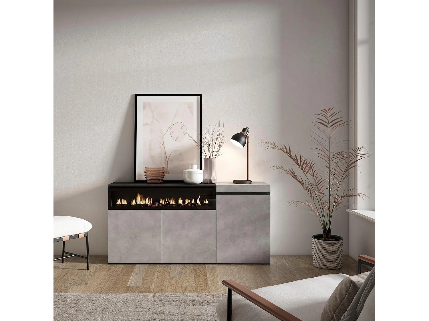 Dressoir, Opbergkast, 150x35x75cm, 3 Deuren, Elektrische haard, Cement