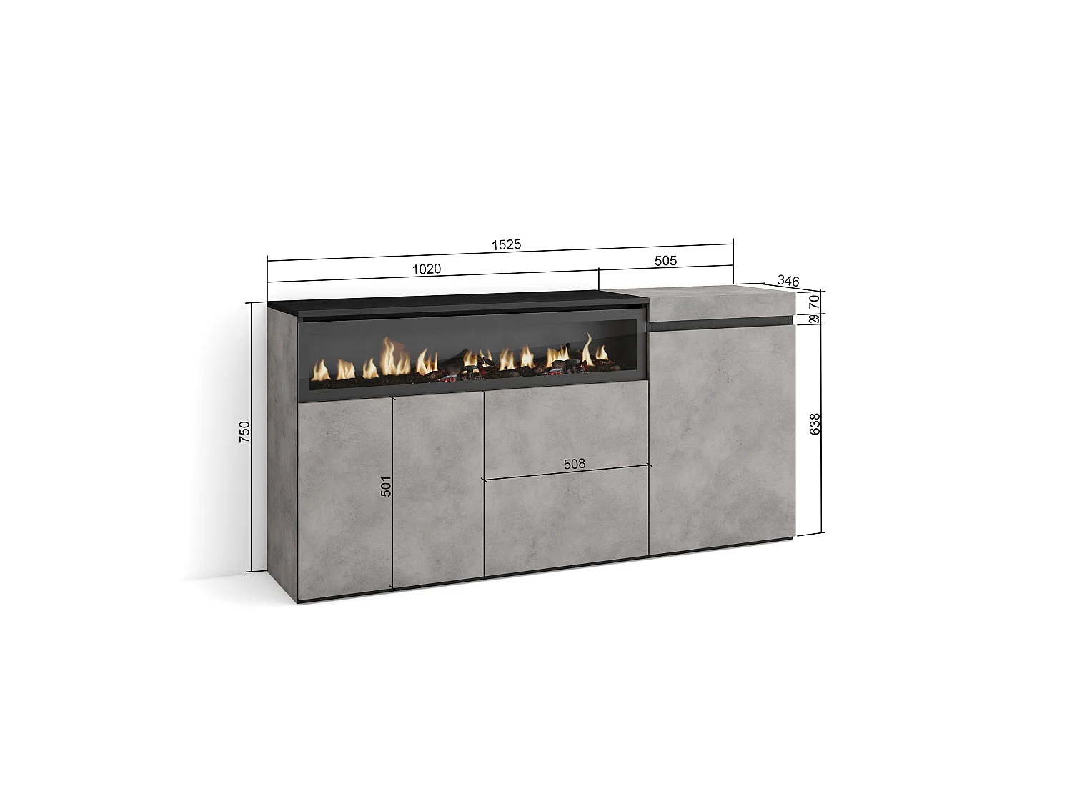 Dressoir, Opbergkast, 150x35x75cm, 3 Deuren, Elektrische haard, Cement
