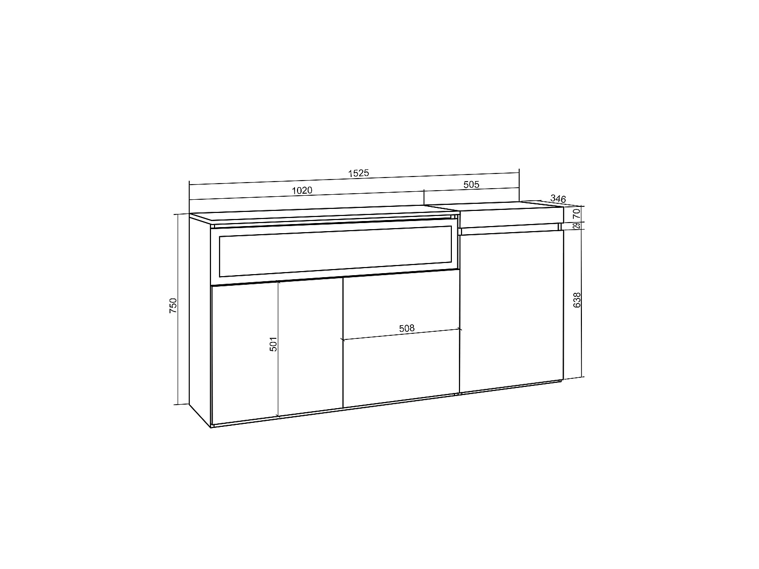 Dressoir, Opbergkast, 150x35x75cm, 3 Deuren, Elektrische haard, Cement