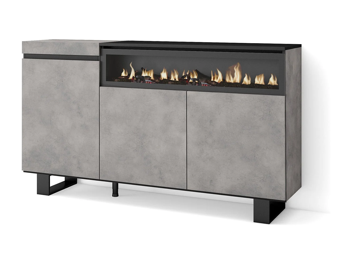 Aparadores para salón, 150x35x87cm, 3 Puertas, Chimenea eléctrica, Diseño industrial, Cemento