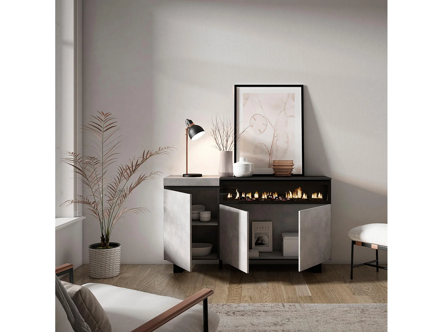 Aparadores para salón, 150x35x87cm, 3 Puertas, Chimenea eléctrica, Diseño industrial, Cemento