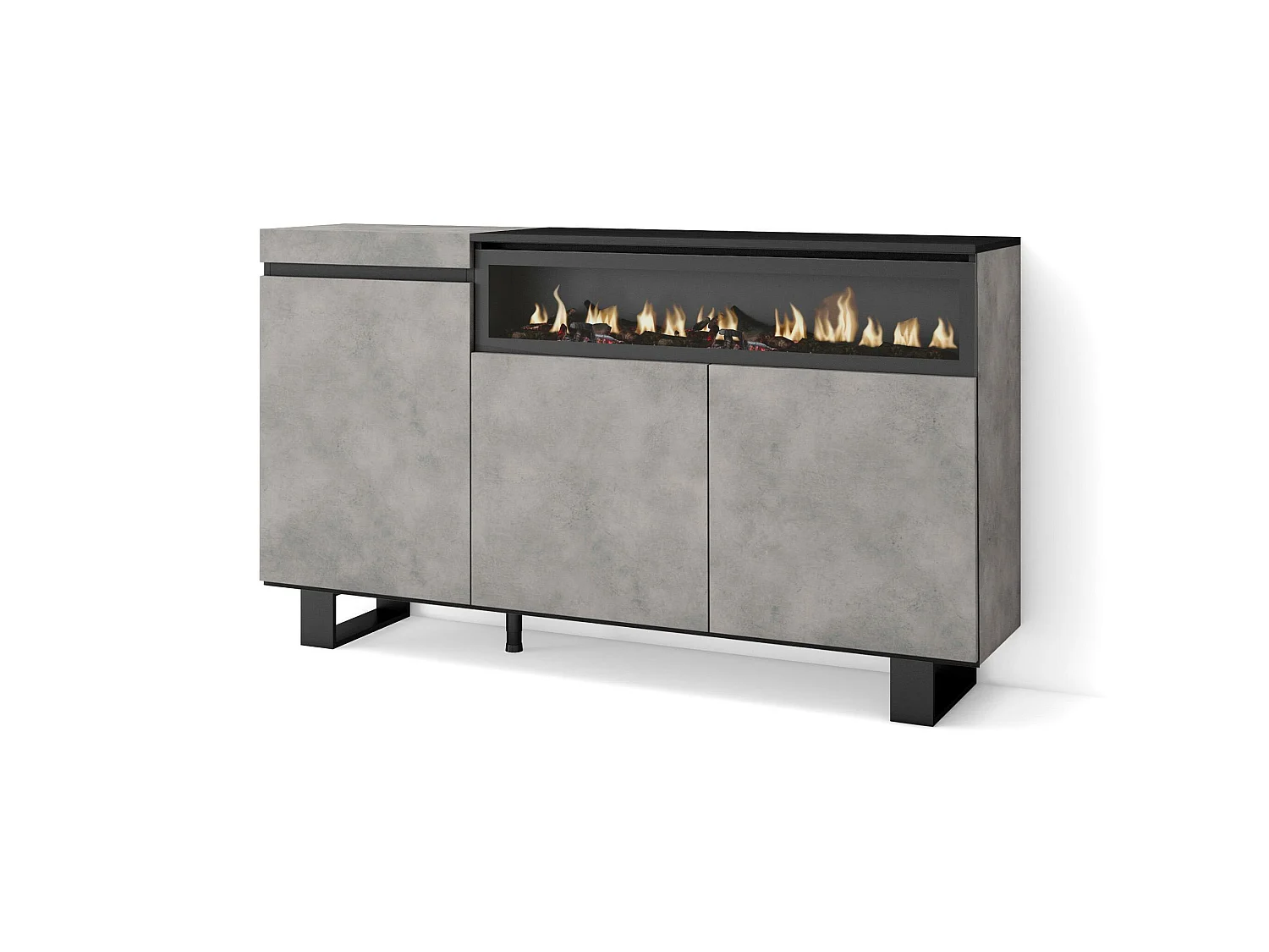 Buffet salon et cuisine, 150x35x87cm, 3 Portes, Cheminée électrique, Design industriel, Ciment