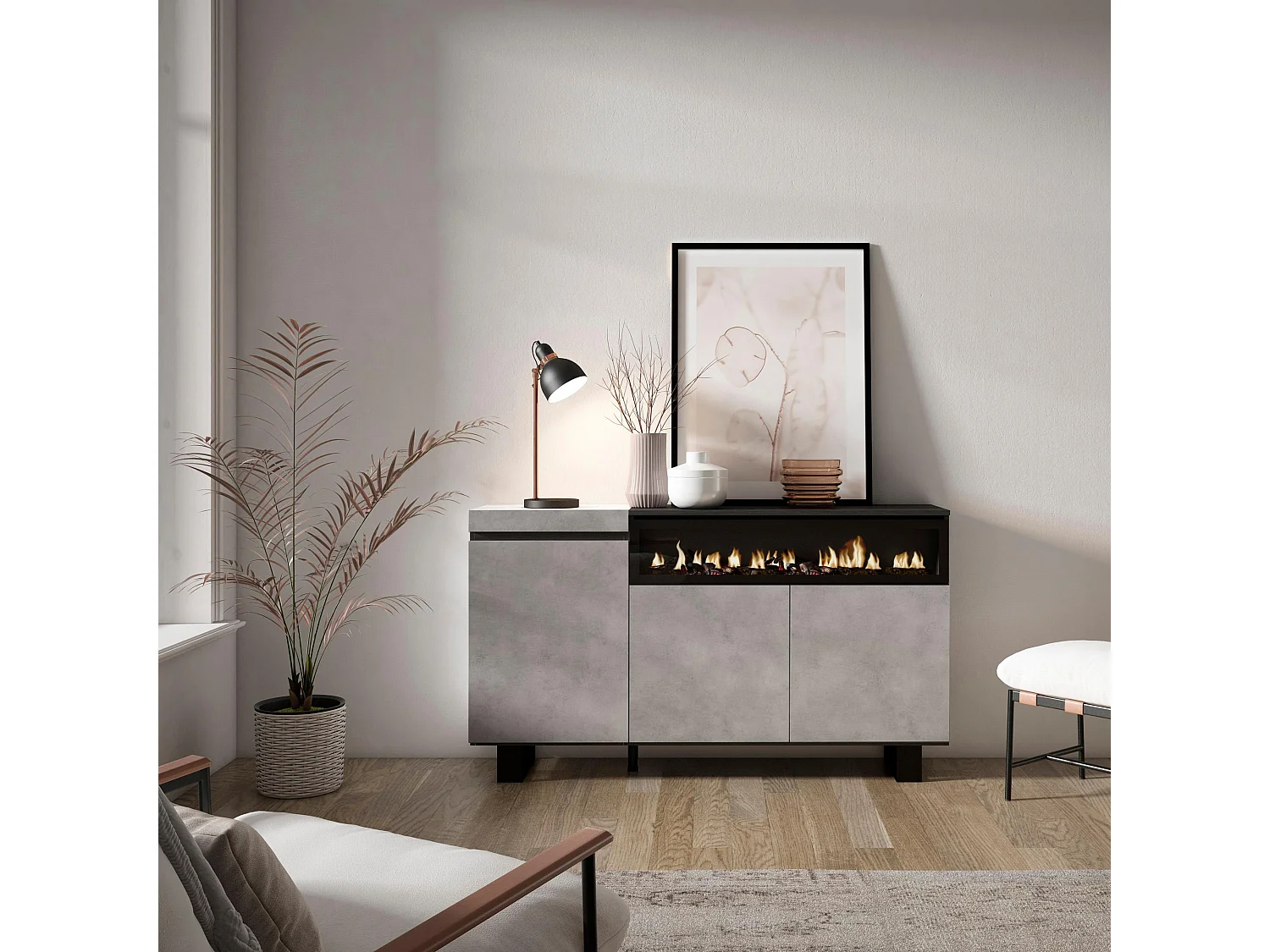 Dressoir, Opbergkast, 150x35x87cm, 3 Deuren, Elektrische haard, Industrieel design, Cement