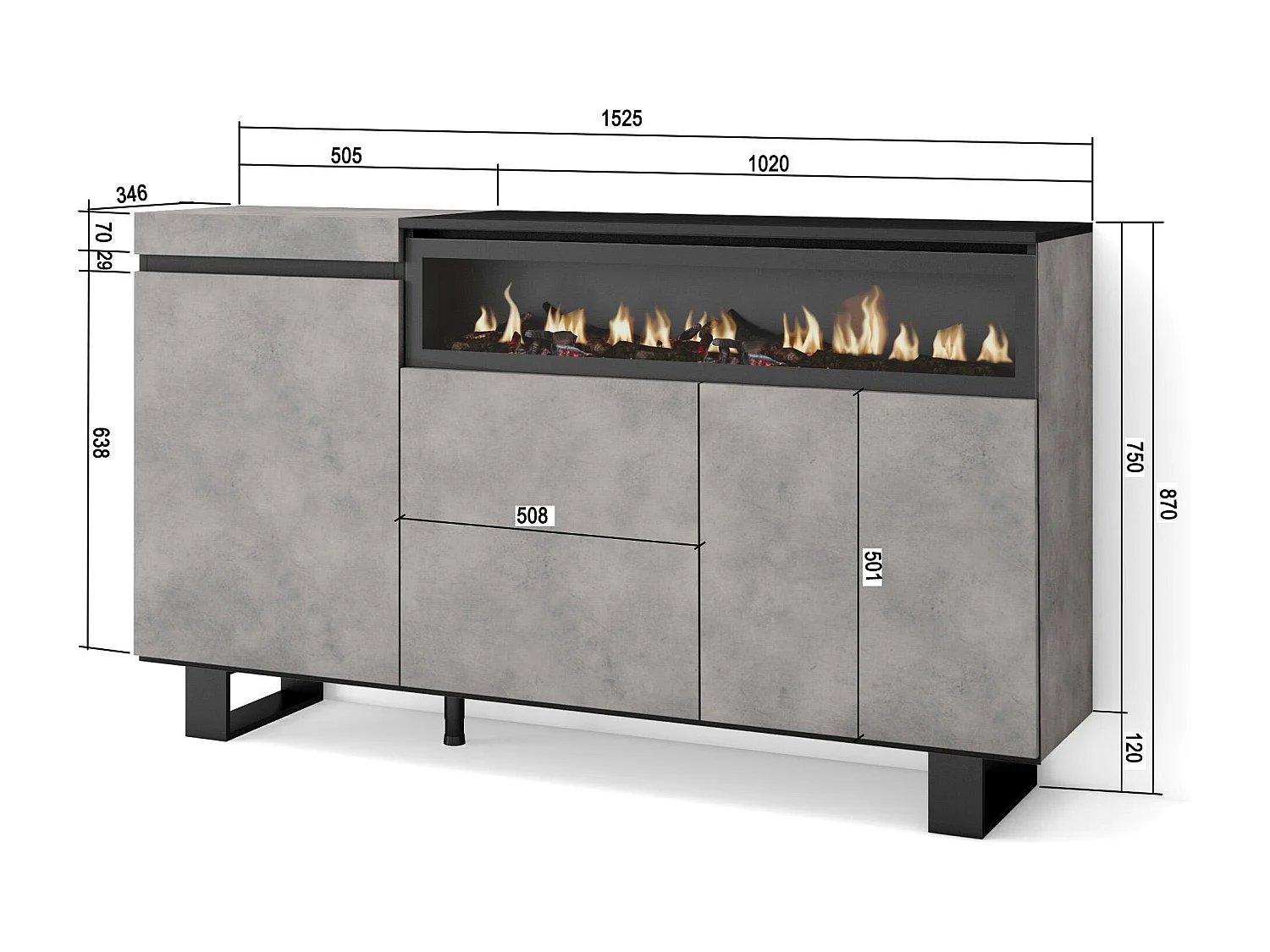 Dressoir, Opbergkast, 150x35x87cm, 3 Deuren, Elektrische haard, Industrieel design, Cement