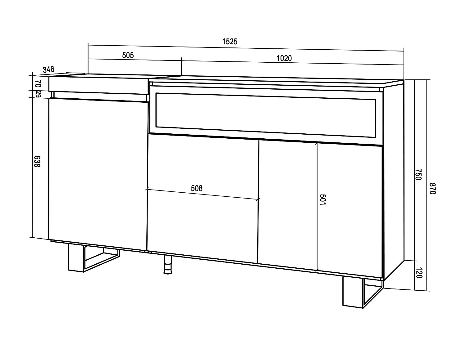 Dressoir, Opbergkast, 150x35x87cm, 3 Deuren, Elektrische haard, Industrieel design, Cement