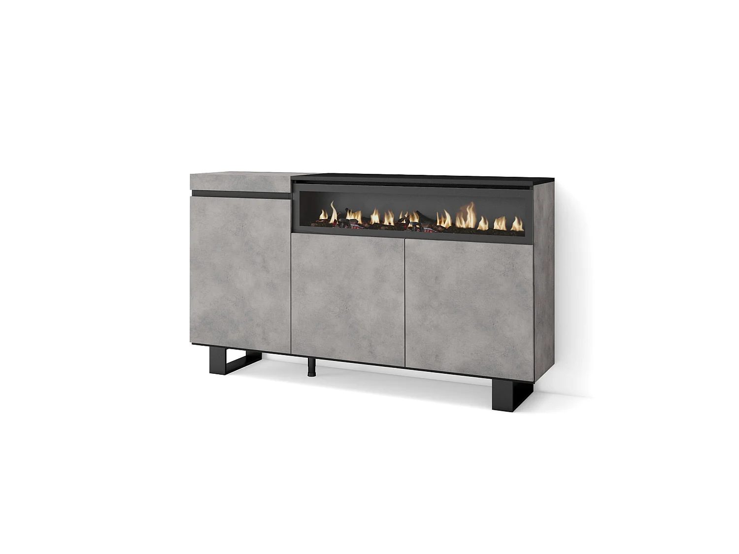 Buffet salon et cuisine, 150x35x87cm, 3 Portes, Cheminée électrique, Design industriel, Ciment