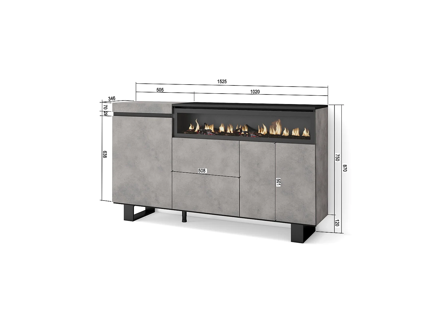 Buffet salon et cuisine, 150x35x87cm, 3 Portes, Cheminée électrique, Design industriel, Ciment