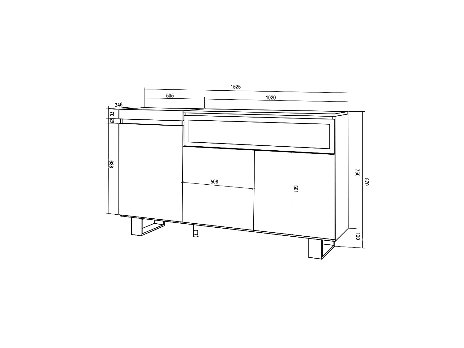Buffet salon et cuisine, 150x35x87cm, 3 Portes, Cheminée électrique, Design industriel, Ciment
