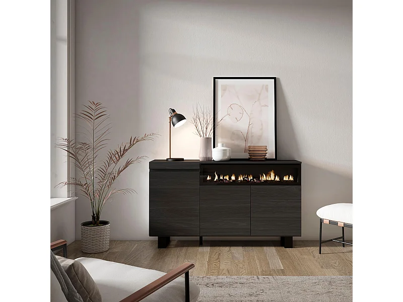 Aparadores para salón, 150x35x87cm, 3 Puertas, Chimenea eléctrica, Diseño industrial, Negro