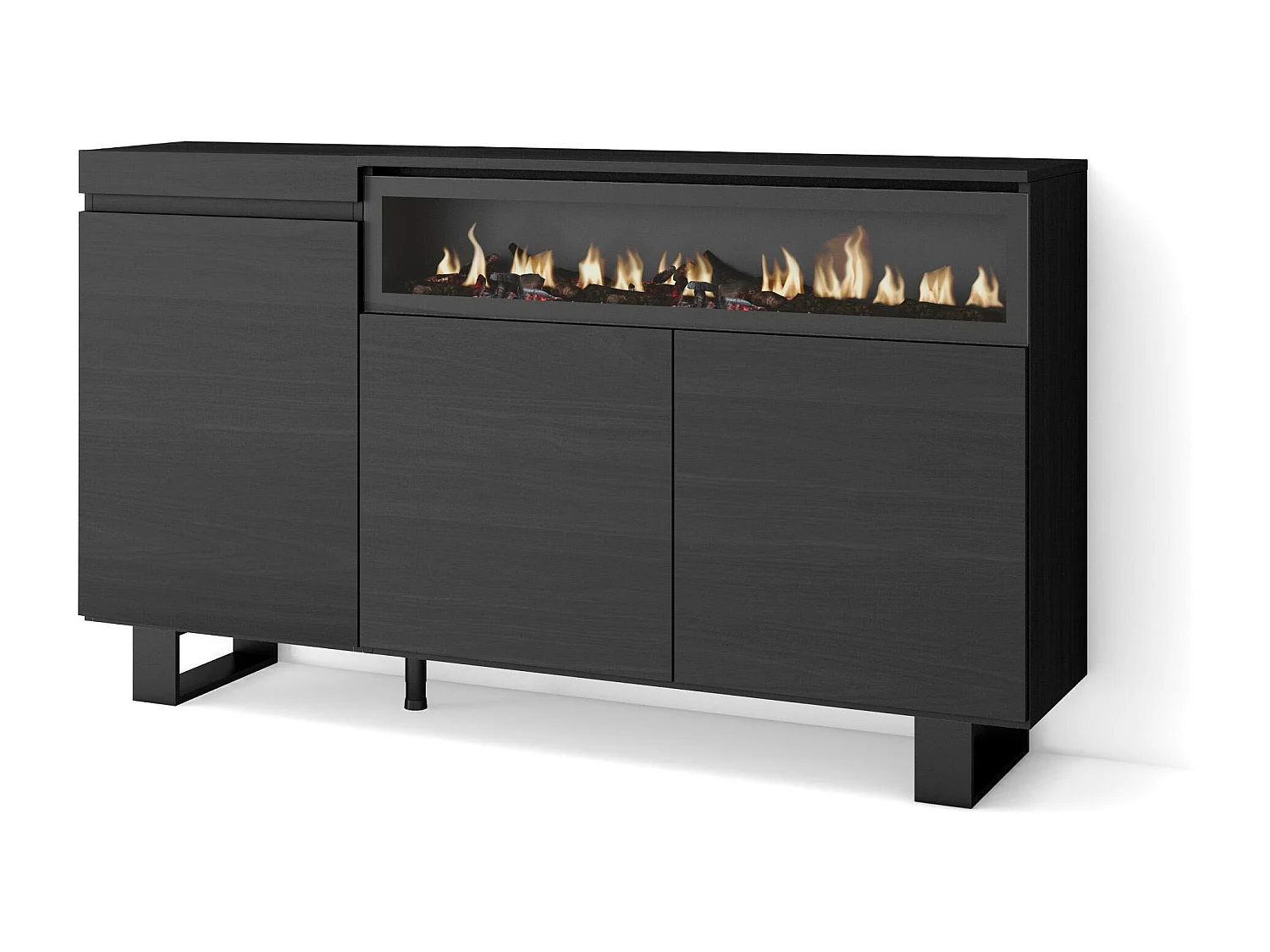 Aparadores para salón, 150x35x87cm, 3 Puertas, Chimenea eléctrica, Diseño industrial, Negro