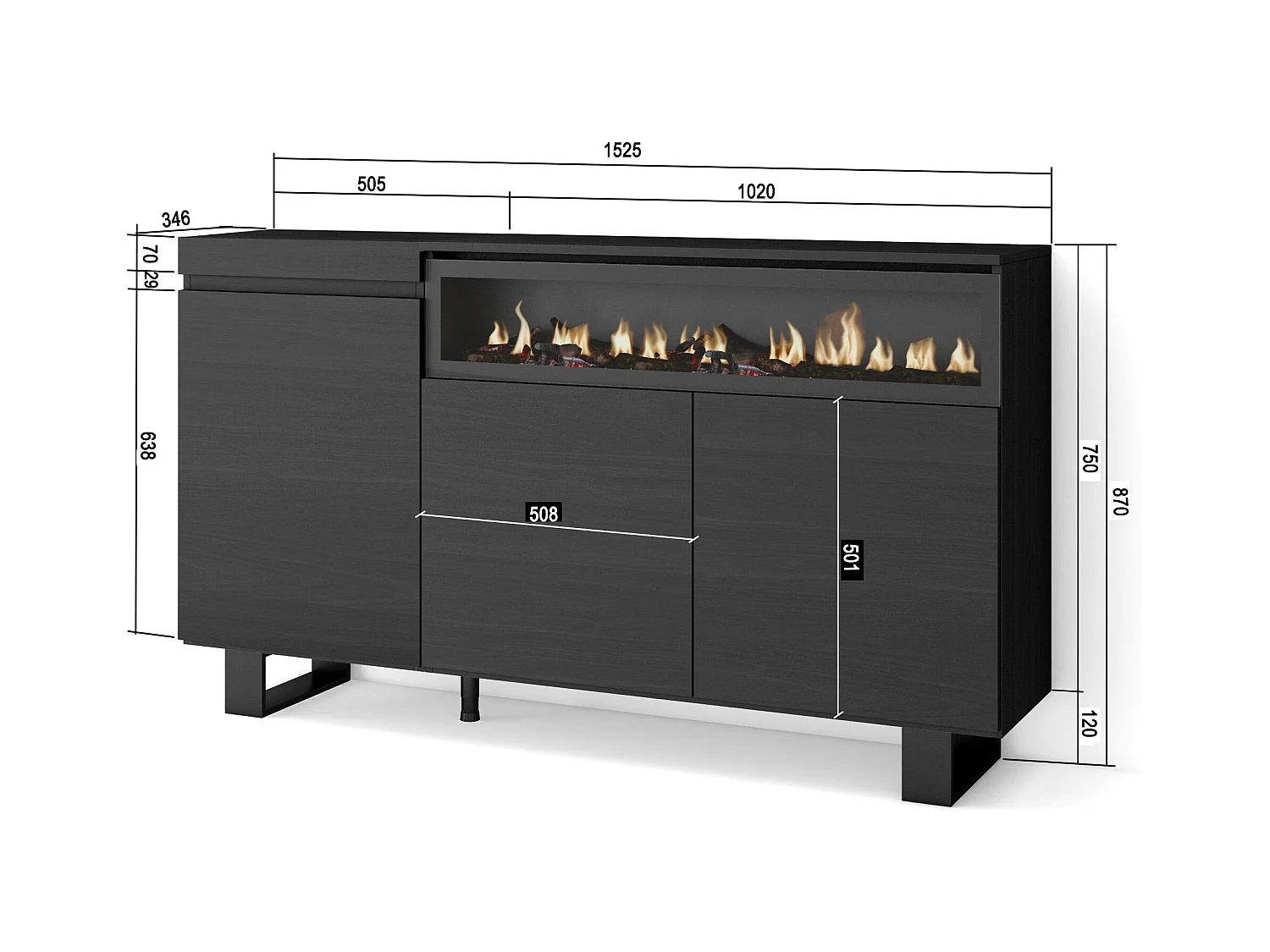 Aparadores para salón, 150x35x87cm, 3 Puertas, Chimenea eléctrica, Diseño industrial, Negro