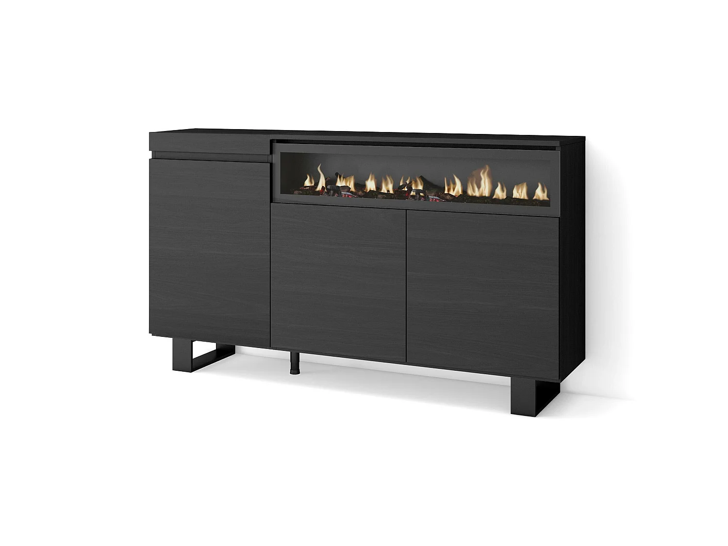 Buffet salon et cuisine, 150x35x87cm, 3 Portes, Cheminée électrique, Design industriel, Noir
