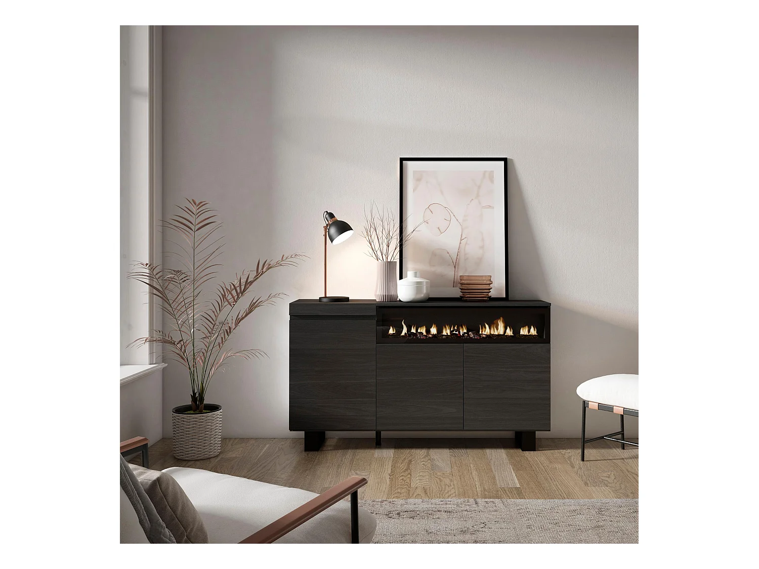 Dressoir, Opbergkast, 150x35x87cm, 3 Deuren, Elektrische haard, Industrieel design, Zwart