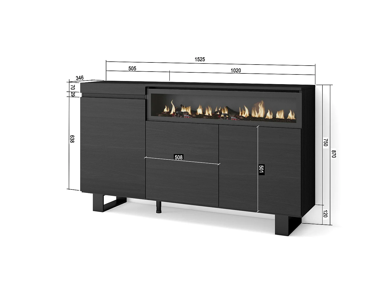 Dressoir, Opbergkast, 150x35x87cm, 3 Deuren, Elektrische haard, Industrieel design, Zwart