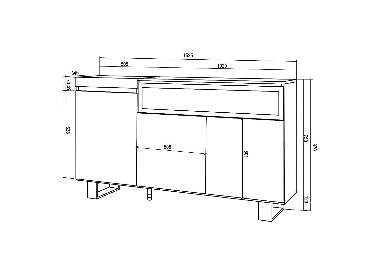 Dressoir, Opbergkast, 150x35x87cm, 3 Deuren, Elektrische haard, Industrieel design, Zwart