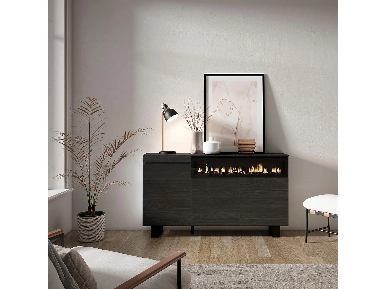 Buffet salon et cuisine, 150x35x87cm, 3 Portes, Cheminée électrique, Design industriel, Noir