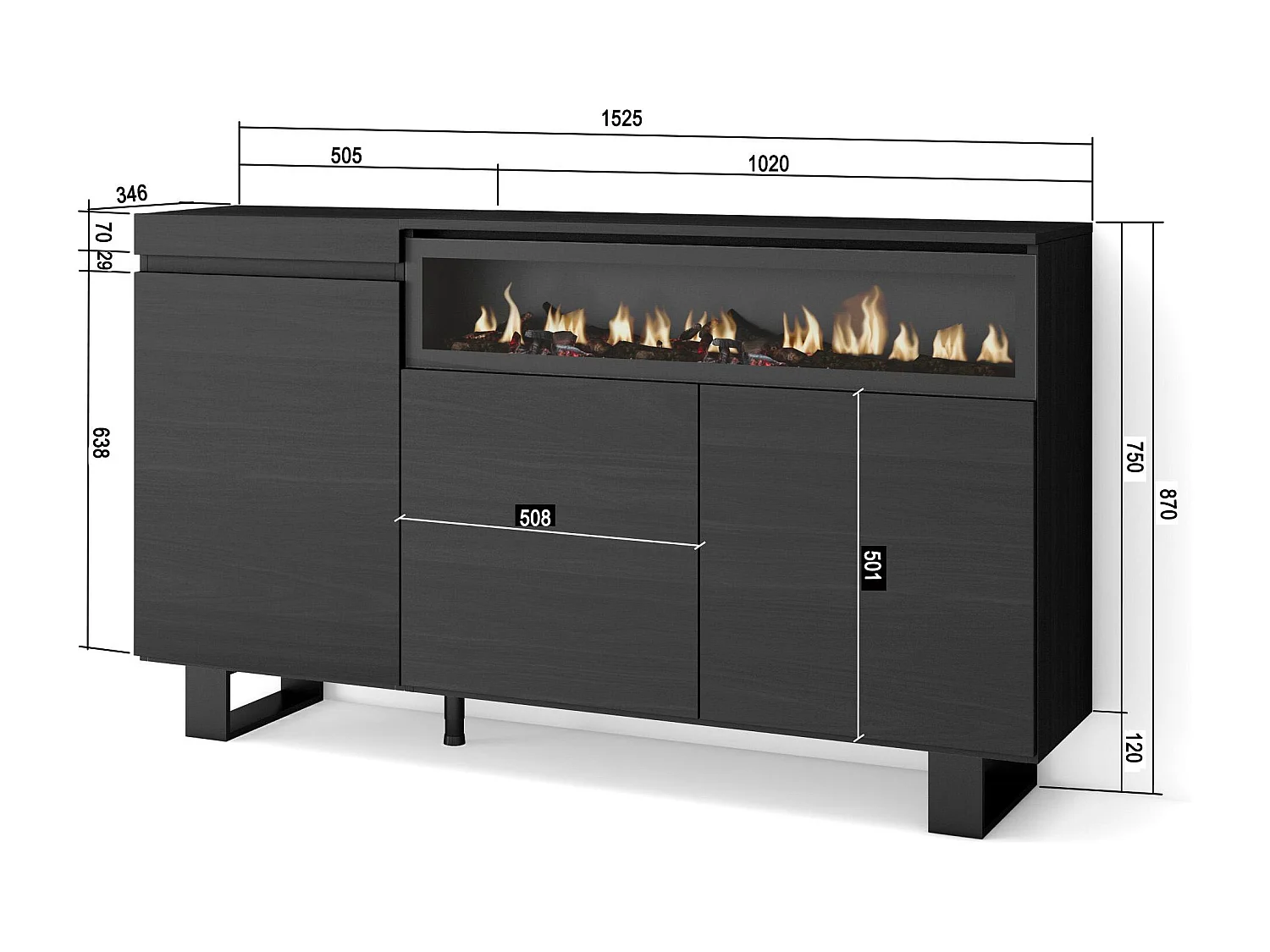 Buffet salon et cuisine, 150x35x87cm, 3 Portes, Cheminée électrique, Design industriel, Noir