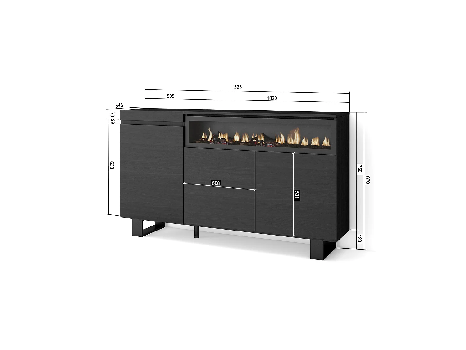Sideboard, Highboard, 150x35x87cm, 3 Türen, Elektrokamin, Industriedesign, Schwarz