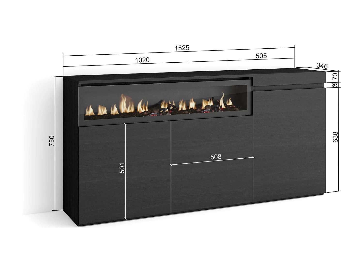 Sideboard, Highboard, 150x35x75cm, 3 Türen, Elektrokamin, Schwarz