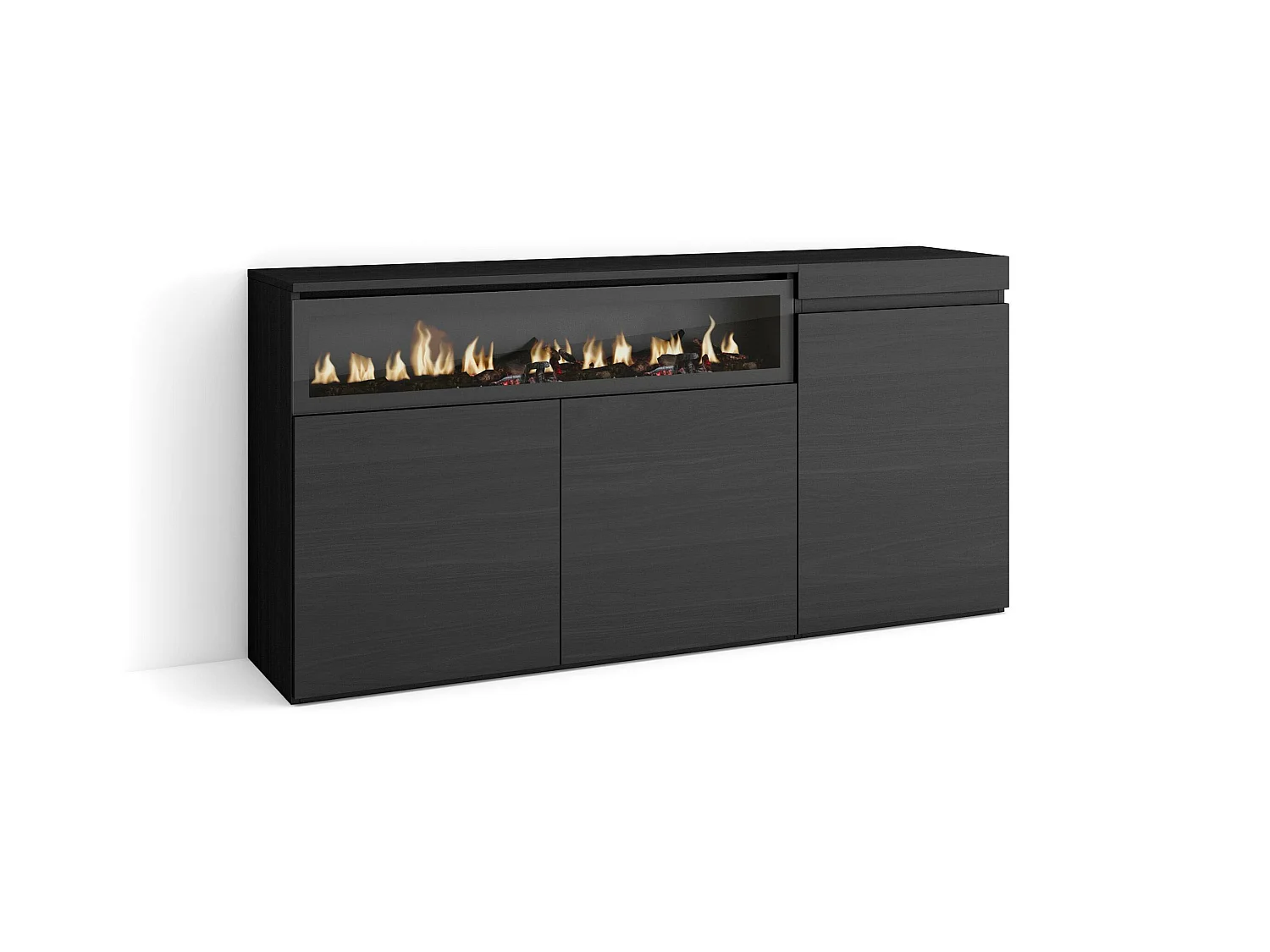 Buffet salon et cuisine, 150x35x75cm, 3 Portes, Cheminée électrique, Noir