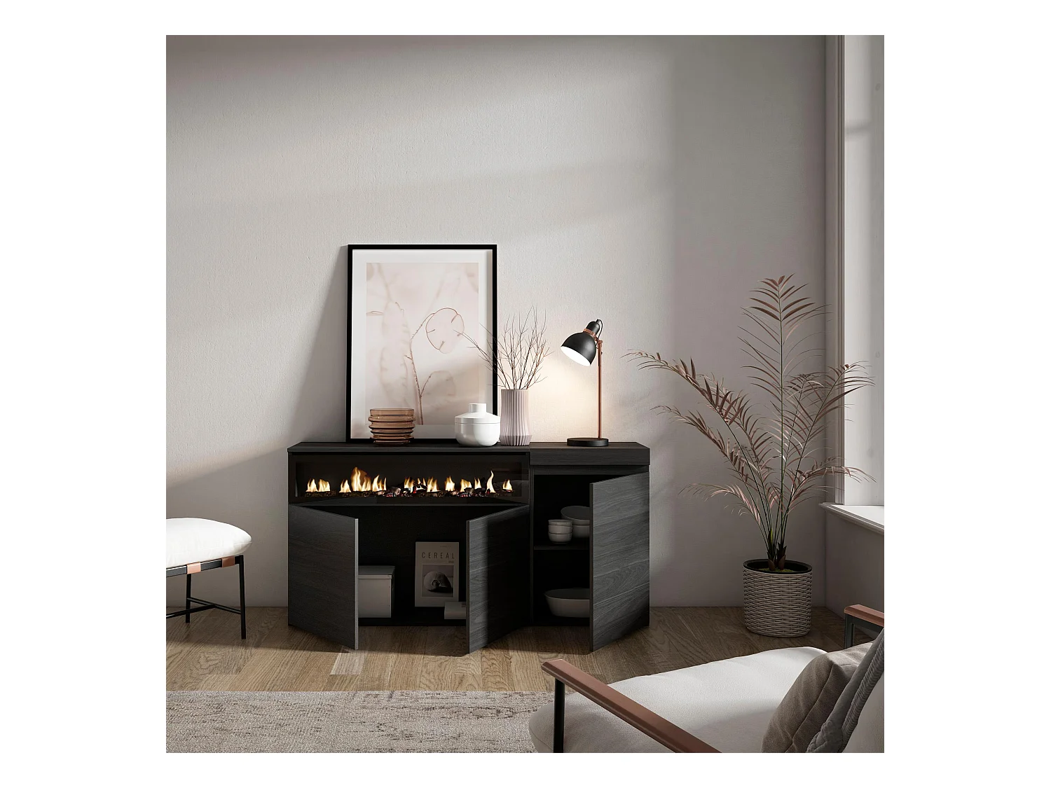 Dressoir, Opbergkast, 150x35x75cm, 3 Deuren, Elektrische haard, Zwart