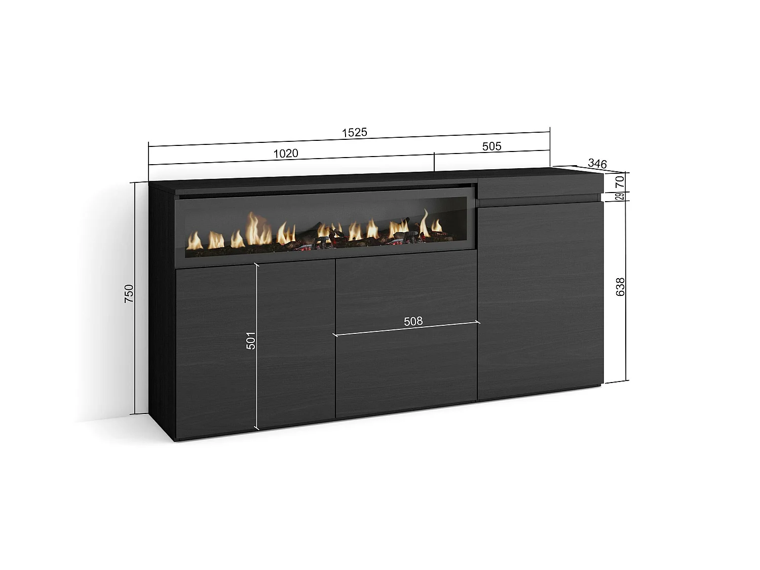 Dressoir, Opbergkast, 150x35x75cm, 3 Deuren, Elektrische haard, Zwart