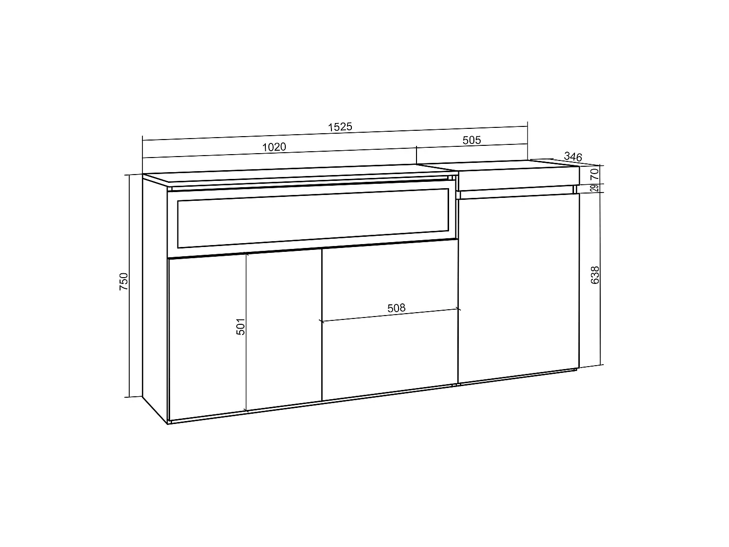 Dressoir, Opbergkast, 150x35x75cm, 3 Deuren, Elektrische haard, Zwart