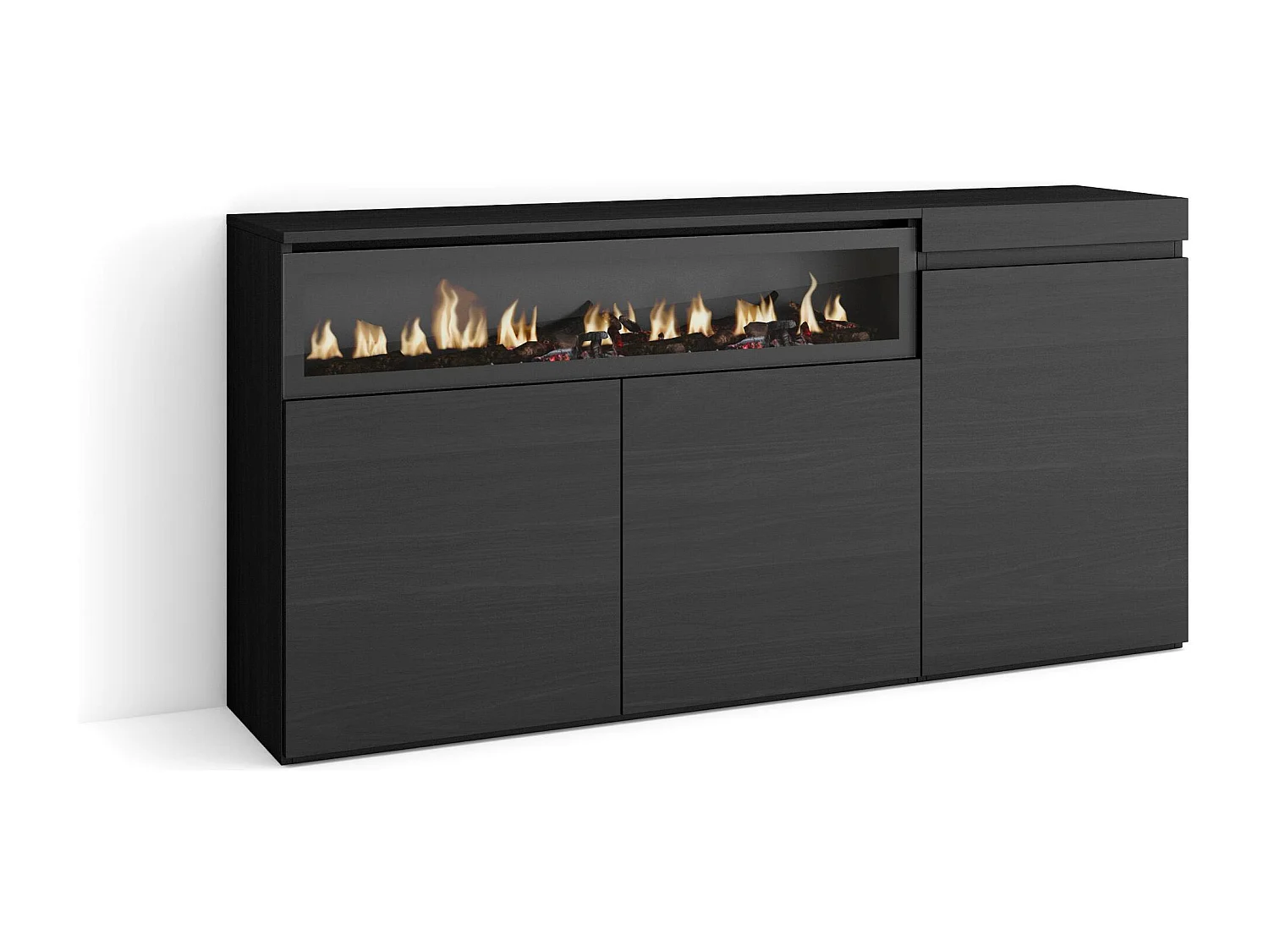 Buffet salon et cuisine, 150x35x75cm, 3 Portes, Cheminée électrique, Noir