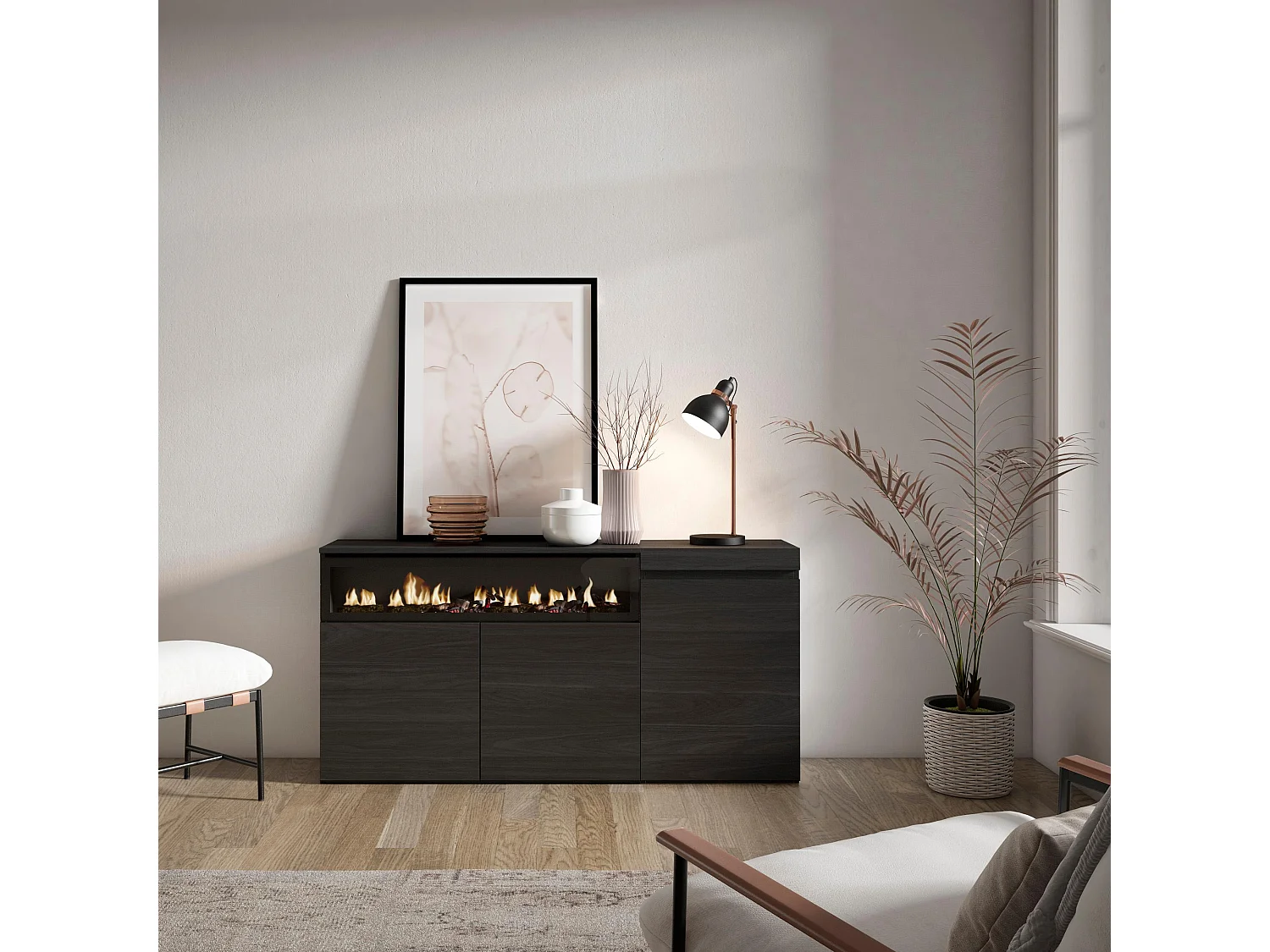 Sideboard, Highboard, 150x35x75cm, 3 Türen, Elektrokamin, Schwarz