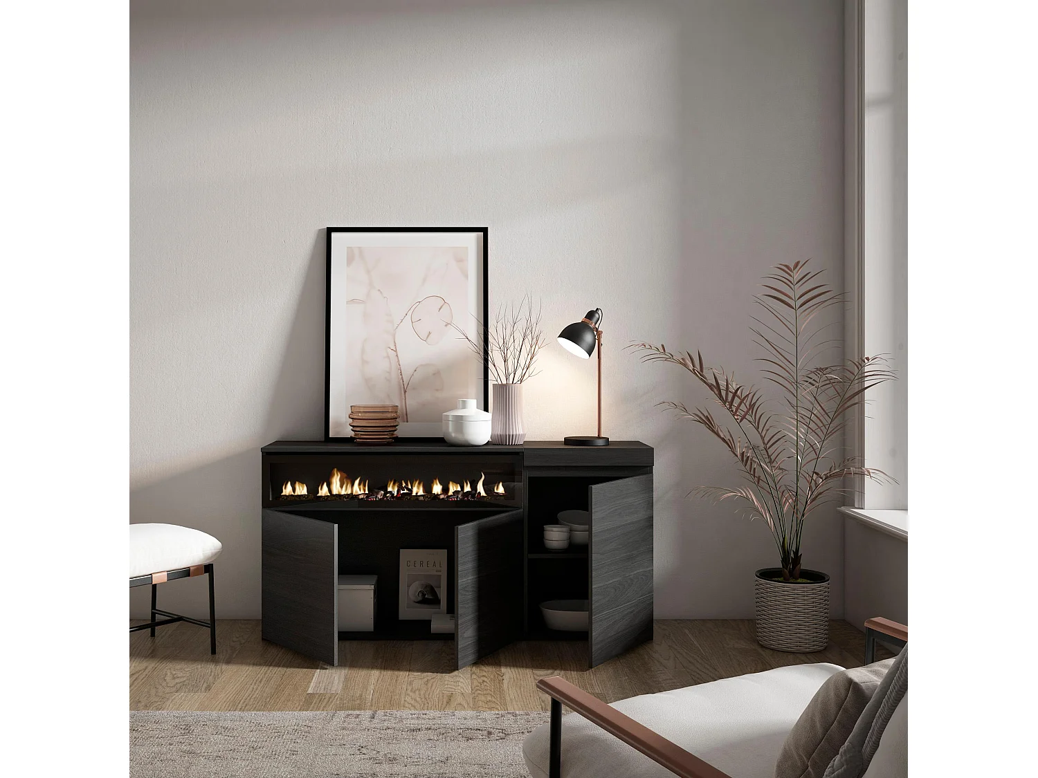 Sideboard, Highboard, 150x35x75cm, 3 Türen, Elektrokamin, Schwarz