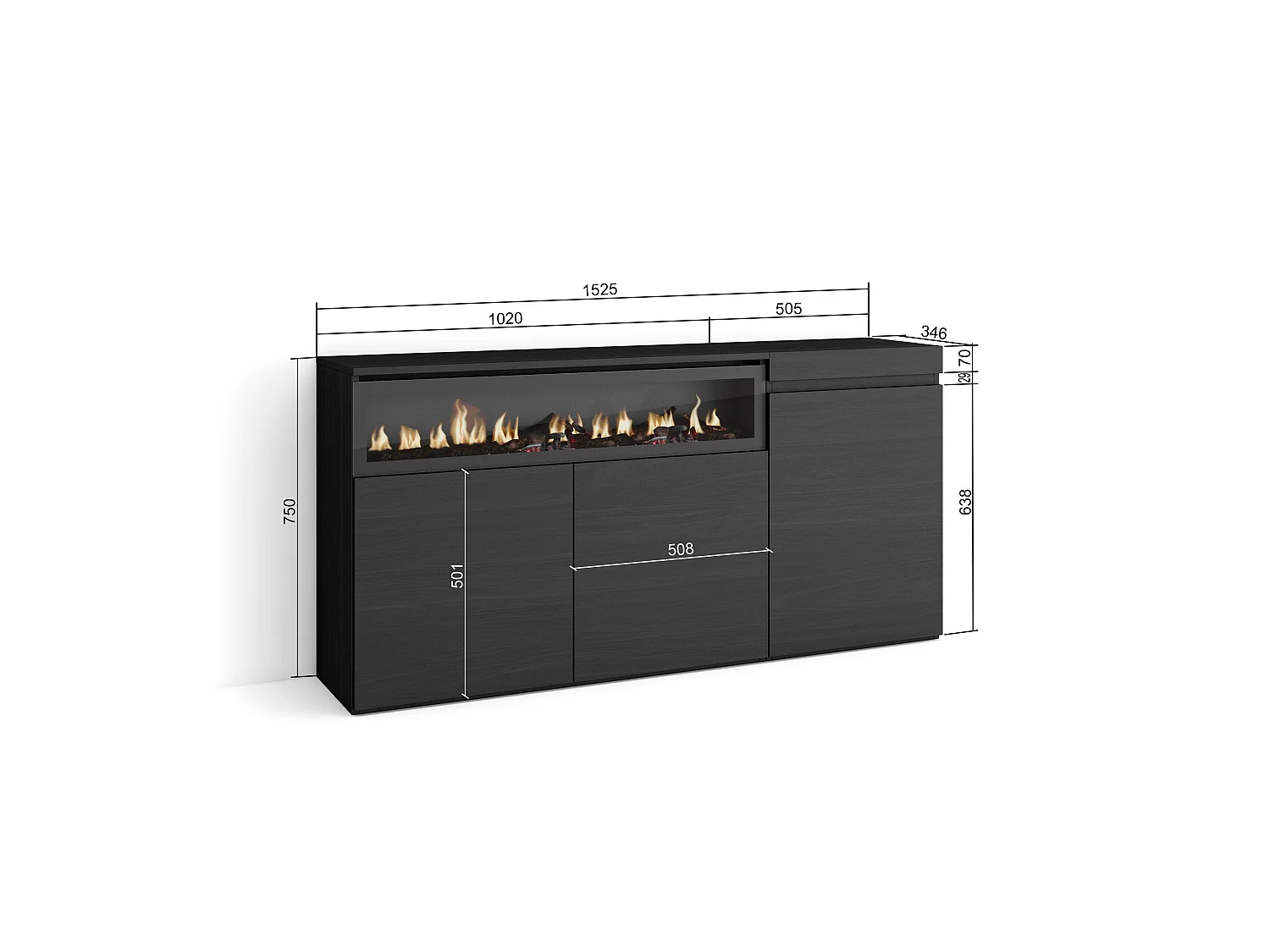 Sideboard, Highboard, 150x35x75cm, 3 Türen, Elektrokamin, Schwarz