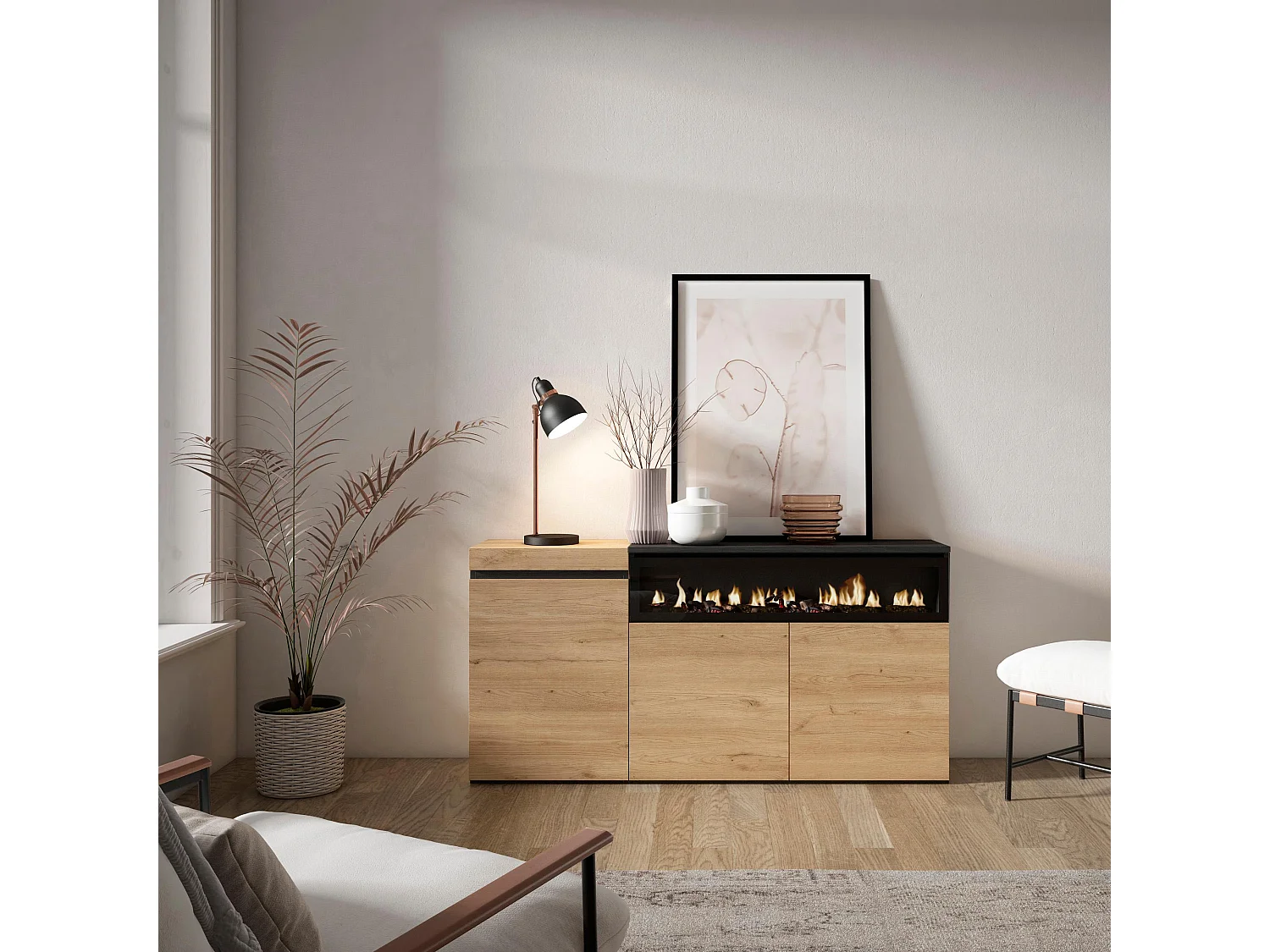 Buffet salon et cuisine, 150x35x75cm, 3 Portes, Cheminée électrique, Chêne et noir