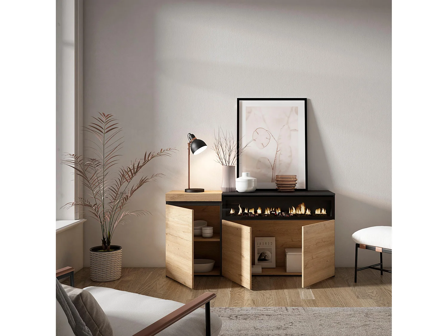 Buffet salon et cuisine, 150x35x75cm, 3 Portes, Cheminée électrique, Chêne et noir