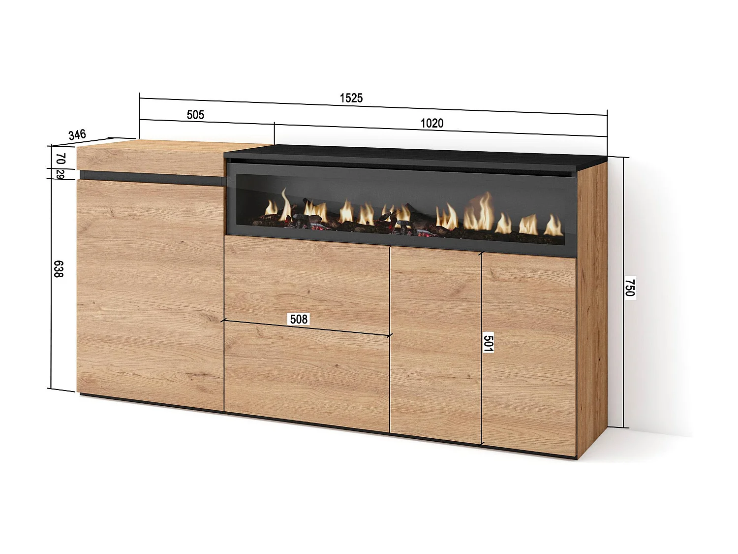 Buffet salon et cuisine, 150x35x75cm, 3 Portes, Cheminée électrique, Chêne et noir