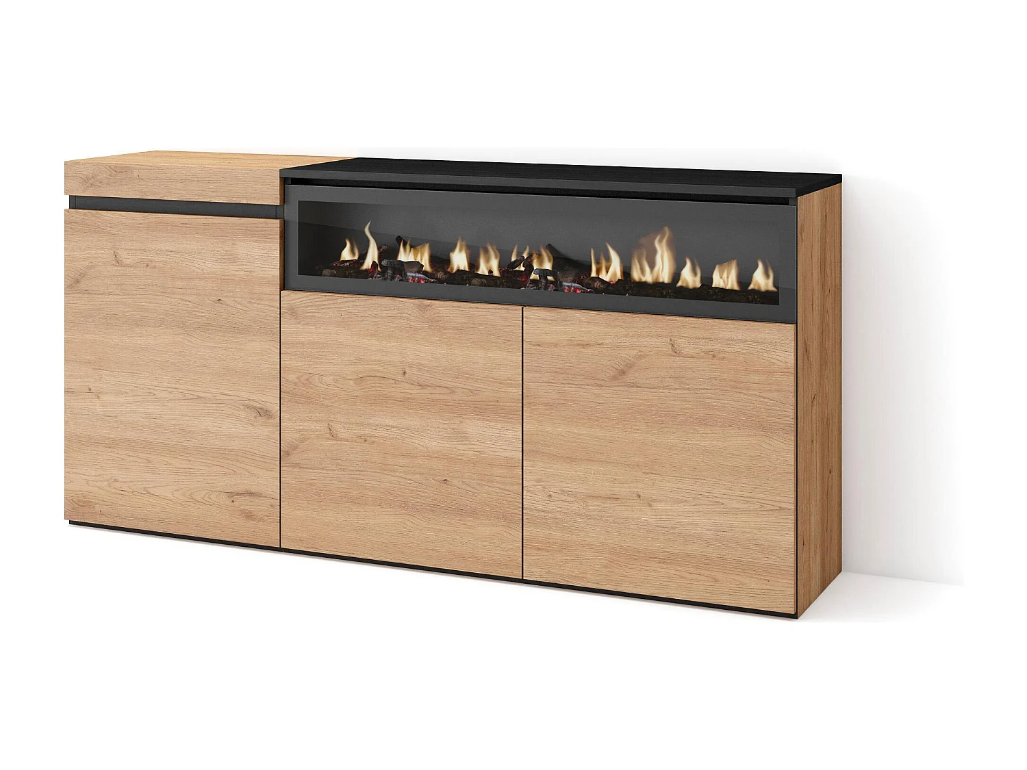 Dressoir, Opbergkast, 150x35x75cm, 3 Deuren, Elektrische haard, Eiken/Zwart