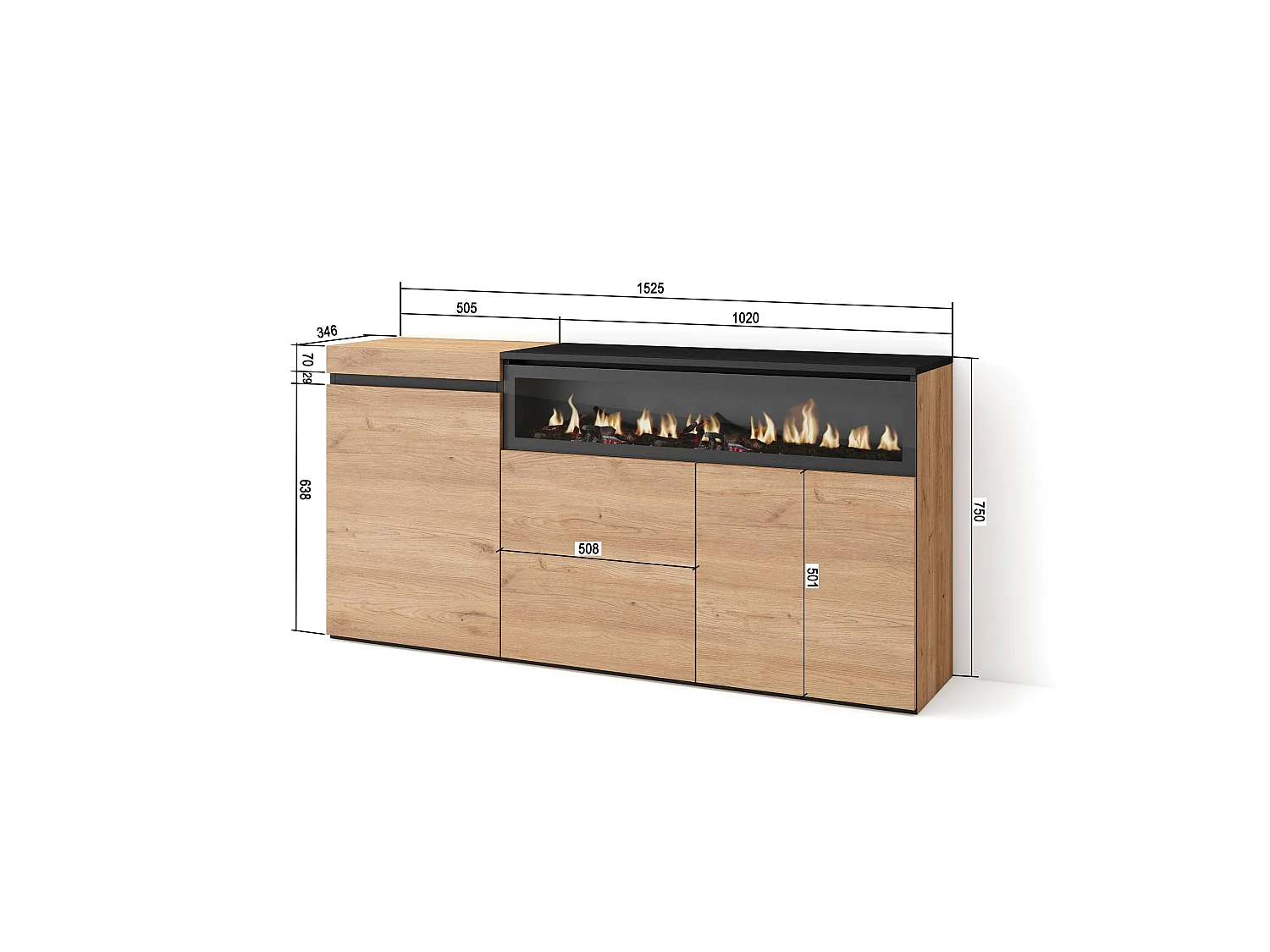 Dressoir, Opbergkast, 150x35x75cm, 3 Deuren, Elektrische haard, Eiken/Zwart