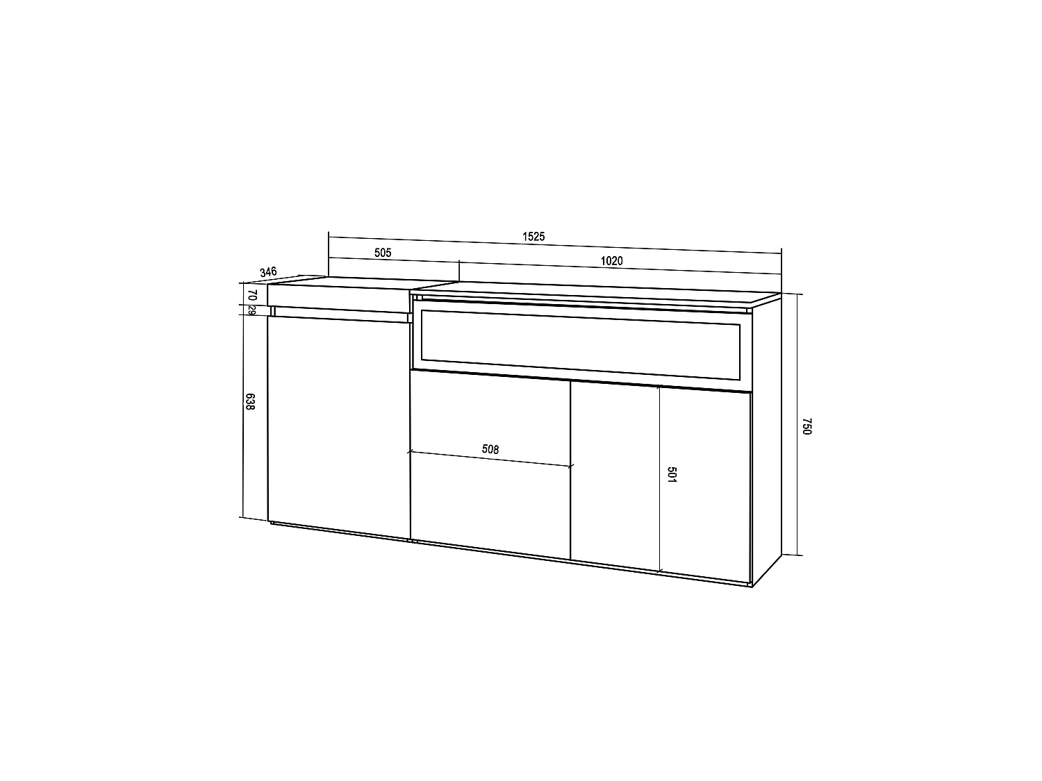 Dressoir, Opbergkast, 150x35x75cm, 3 Deuren, Elektrische haard, Eiken/Zwart