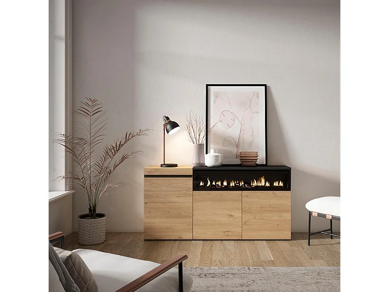 Sideboard, Highboard, 150x35x75cm, 3 Türen, Elektrokamin, Eiche Schwarz