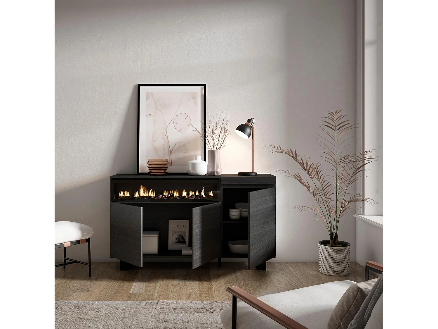 Aparador sala de jantar, 150x35x87cm, 3 Portas, Lareira eléctrica, Design industrial, Preto