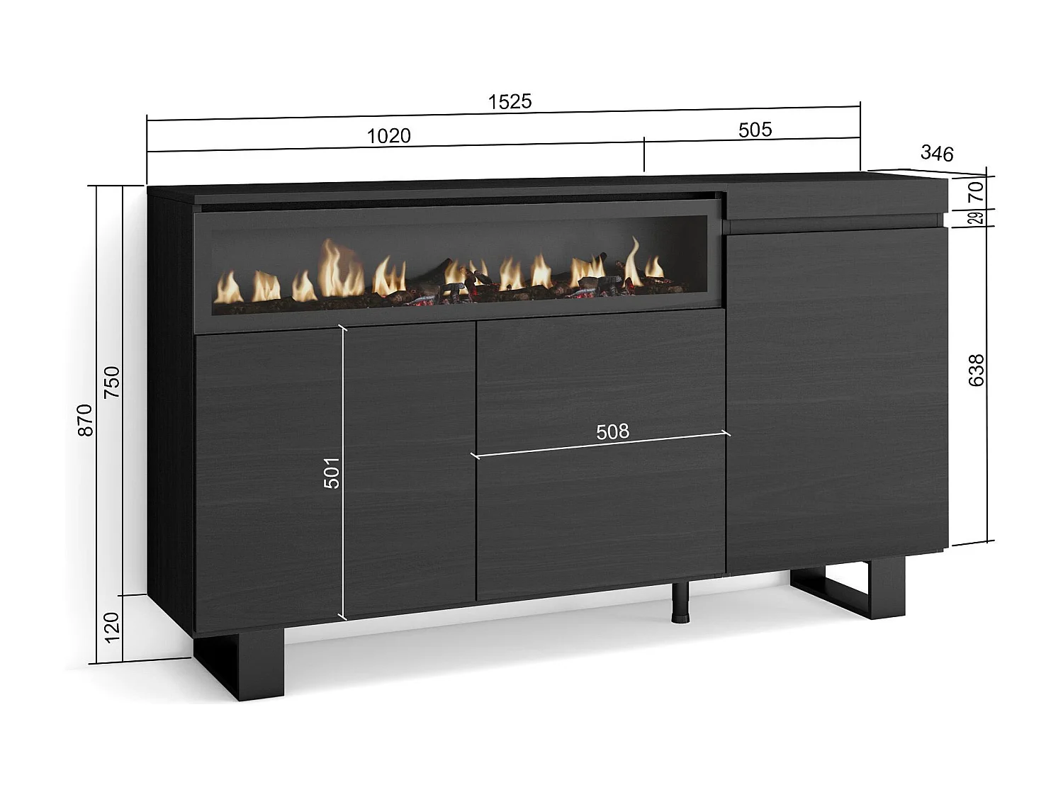 Aparador sala de jantar, 150x35x87cm, 3 Portas, Lareira eléctrica, Design industrial, Preto