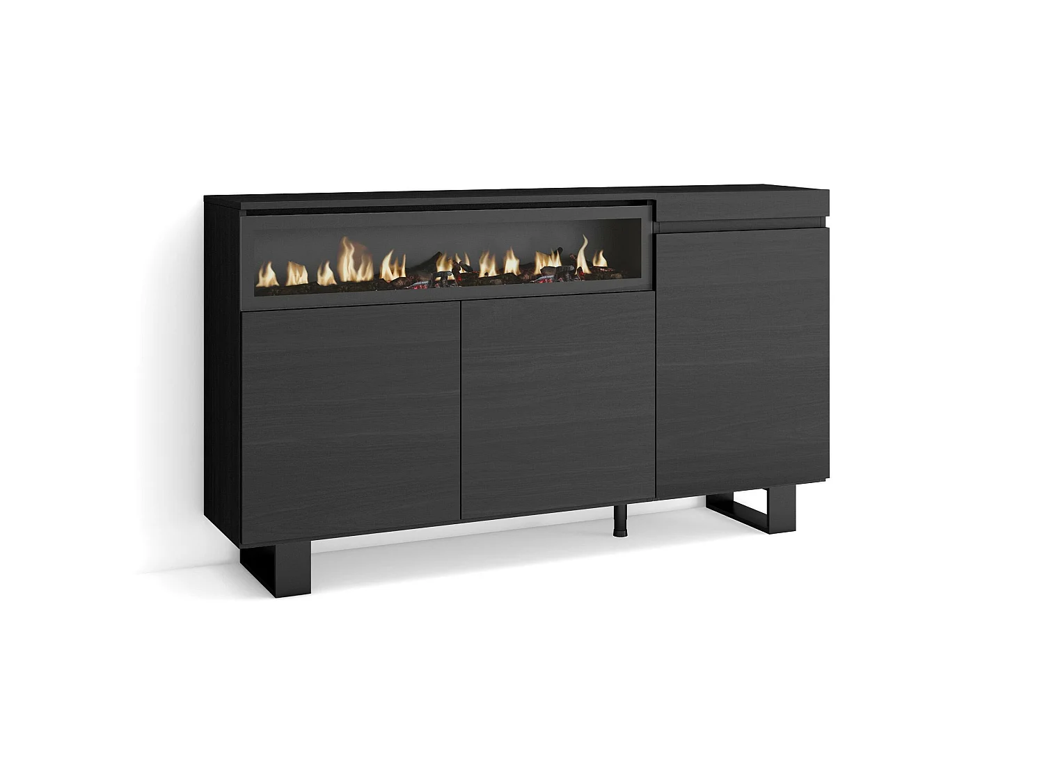 Buffet salon et cuisine, 150x35x87cm, 3 Portes, Cheminée électrique, Design industriel, Noir
