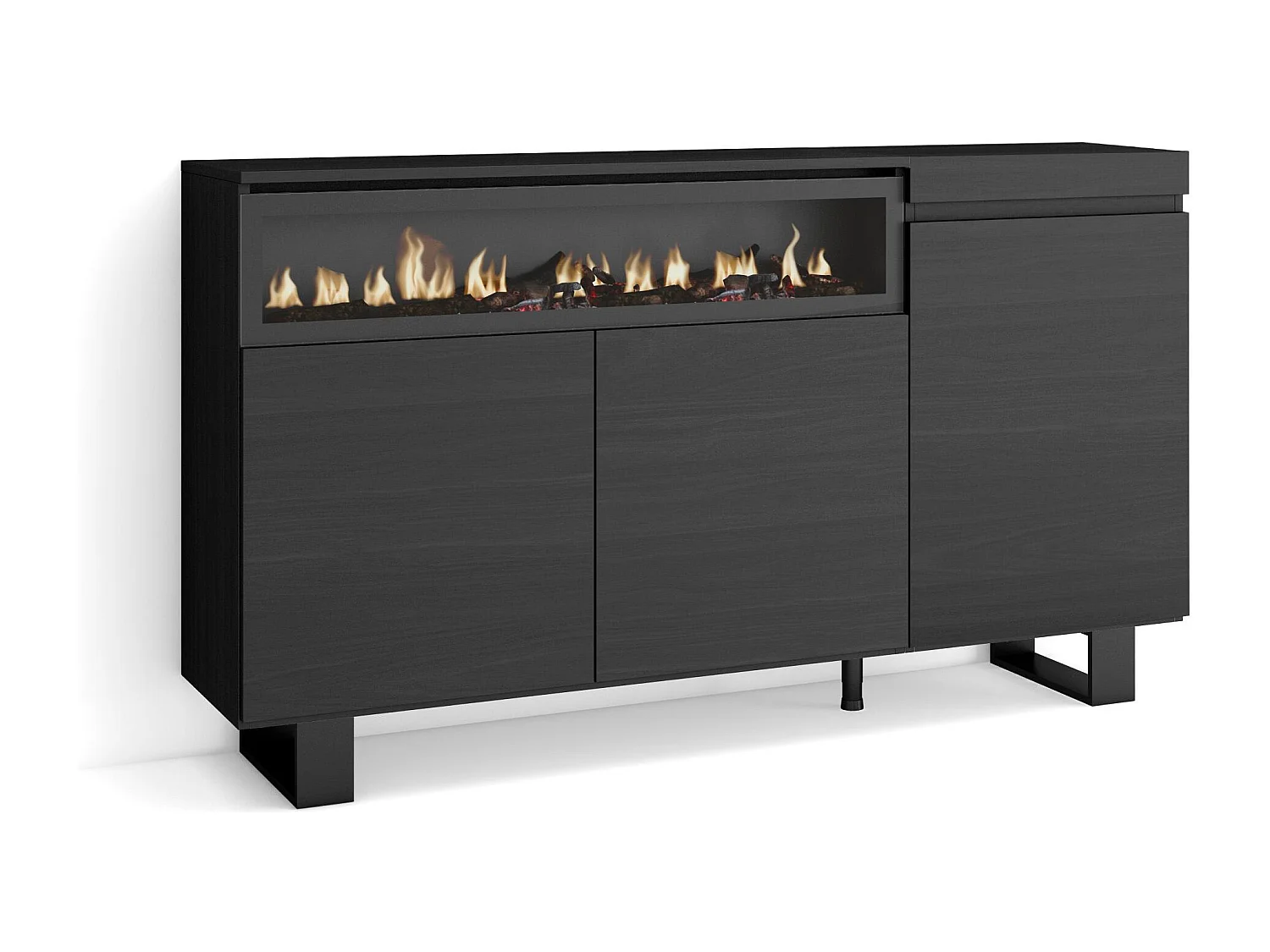 Dressoir, Opbergkast, 150x35x87cm, 3 Deuren, Elektrische haard, Industrieel design, Zwart