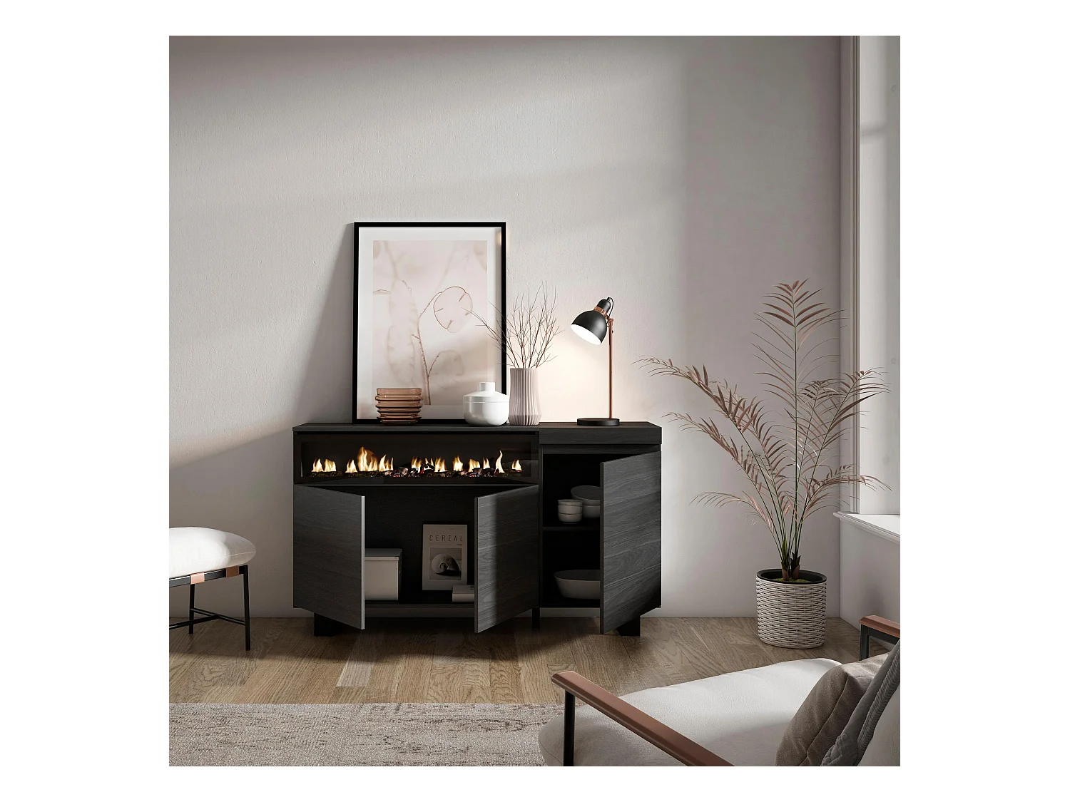 Dressoir, Opbergkast, 150x35x87cm, 3 Deuren, Elektrische haard, Industrieel design, Zwart