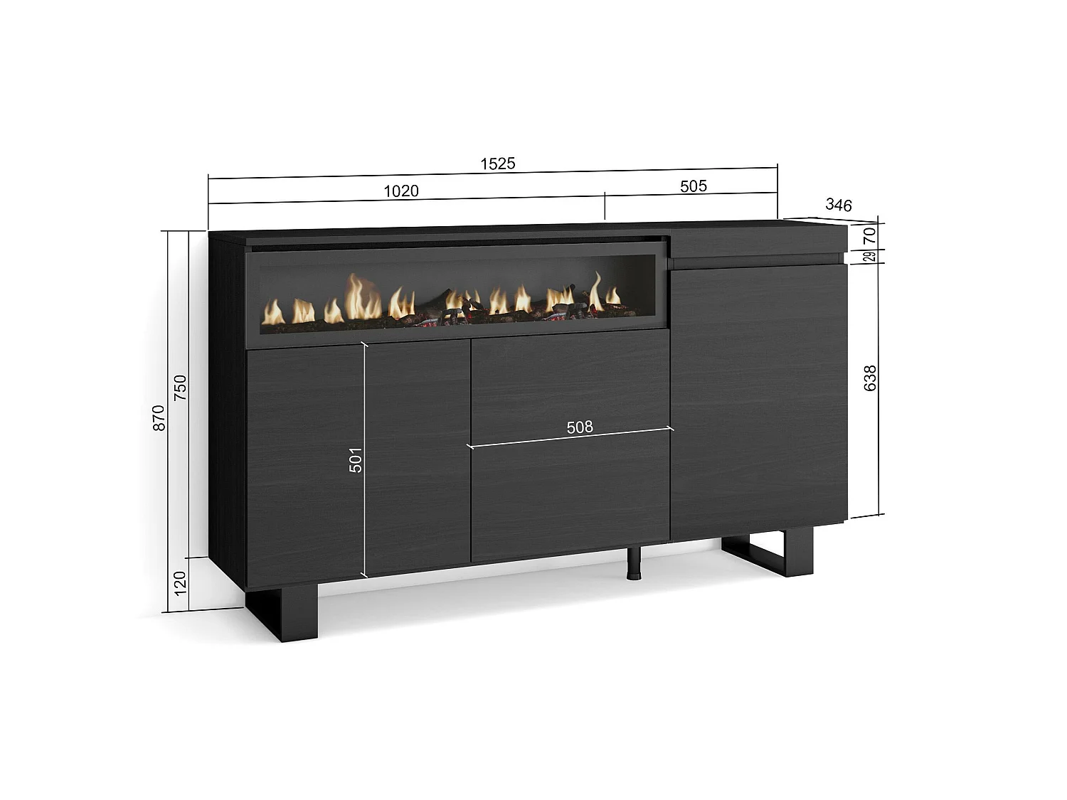 Dressoir, Opbergkast, 150x35x87cm, 3 Deuren, Elektrische haard, Industrieel design, Zwart