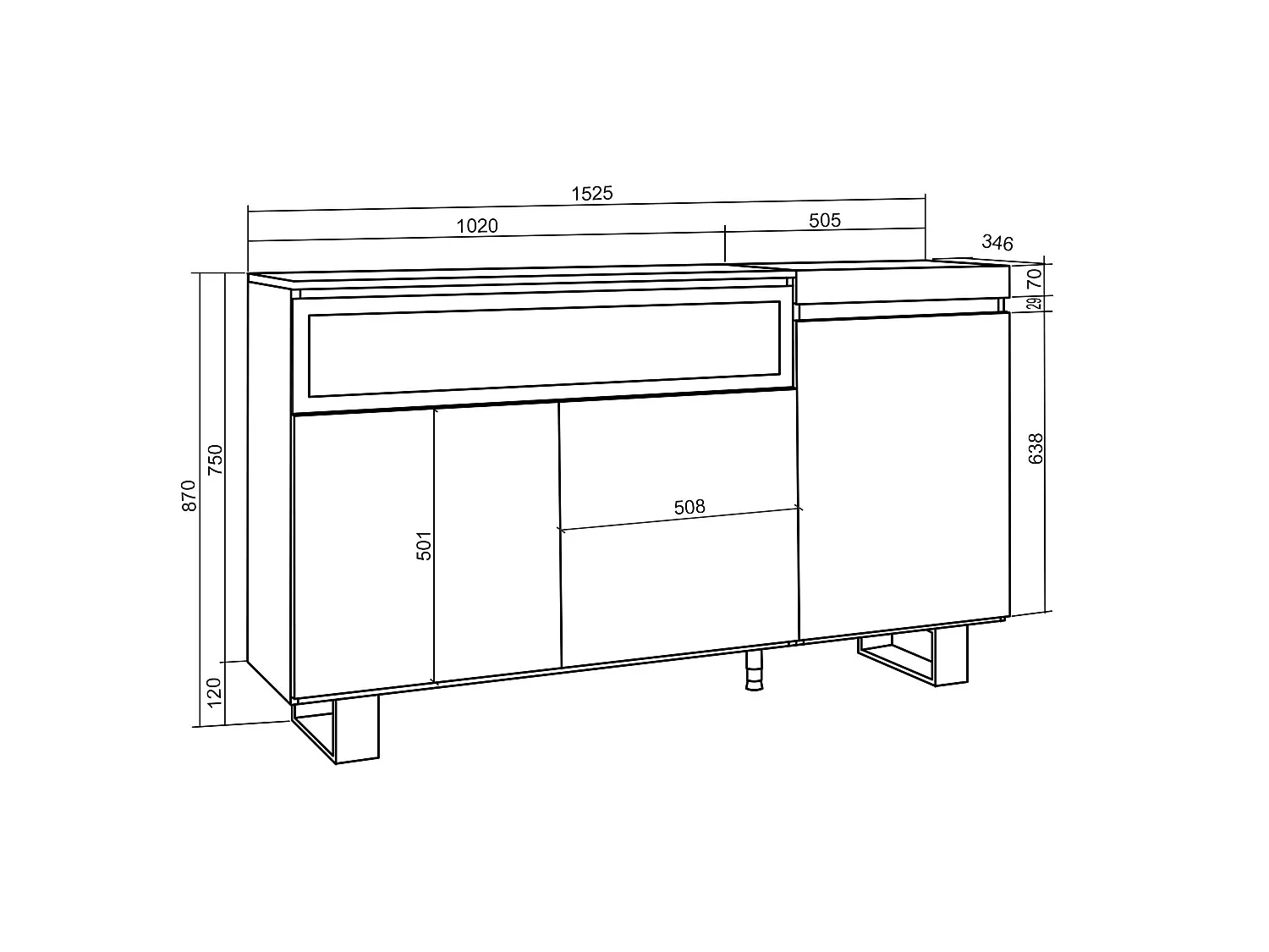 Dressoir, Opbergkast, 150x35x87cm, 3 Deuren, Elektrische haard, Industrieel design, Zwart