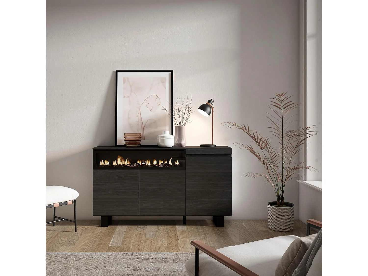 Dressoir, Opbergkast, 150x35x87cm, 3 Deuren, Elektrische haard, Industrieel design, Zwart